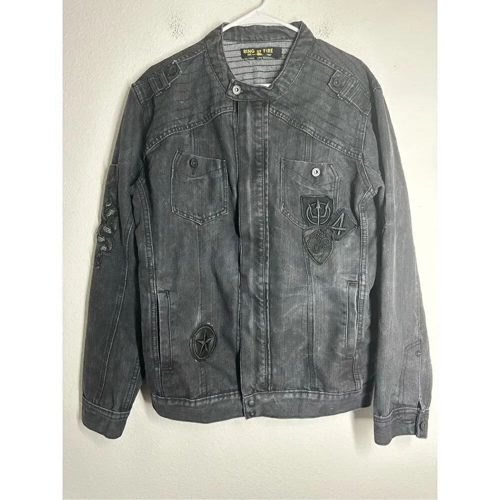 Ring of Fire Men's Black Zip Denim Jacket Size L